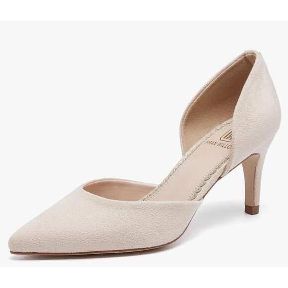 Fran Willor Beige Suede Heels Size 7 Pointed Toe DOrsay Style Womens Shoes - Picture 1 of 16